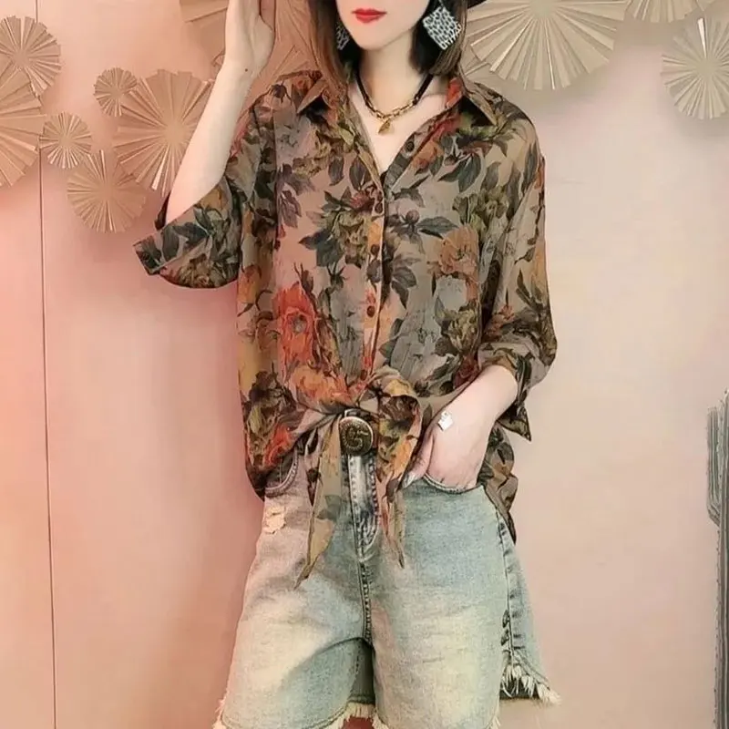 Women's Clothing Vintage Flowers Printed Blouse Spring Summer 3/4 Sleeve Commute Lapel Single-breasted Stylish Bandage Shirt New