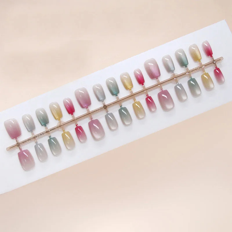

30pcs Short Coffin Press-On Nails - Korean Rainbow Ombré Dopamine Color Palette Playfully Chic (Multi-Size Fit)