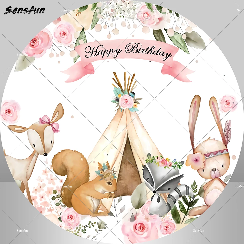 Round Backdrop Cover Baby Shower Tent Child Birthday Party Wild Animal Flower Background Decoration Photo Studio Photobooth