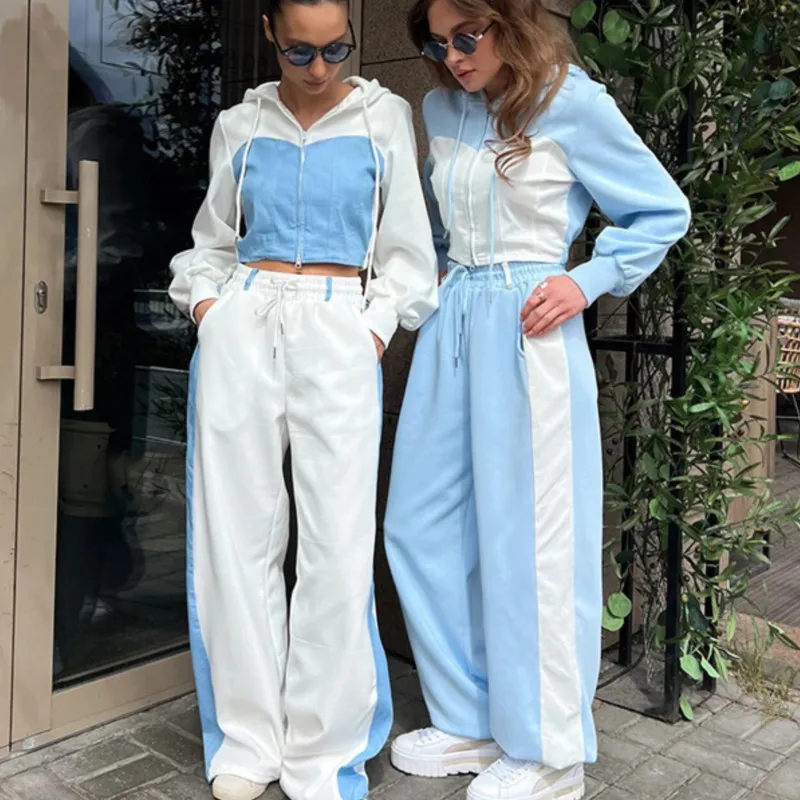 

2025 New Women's Casual Sports Color Blocked Long Sleeve Zip Up Hooded Cardigan & Joggers Patchwork Two Piece Set