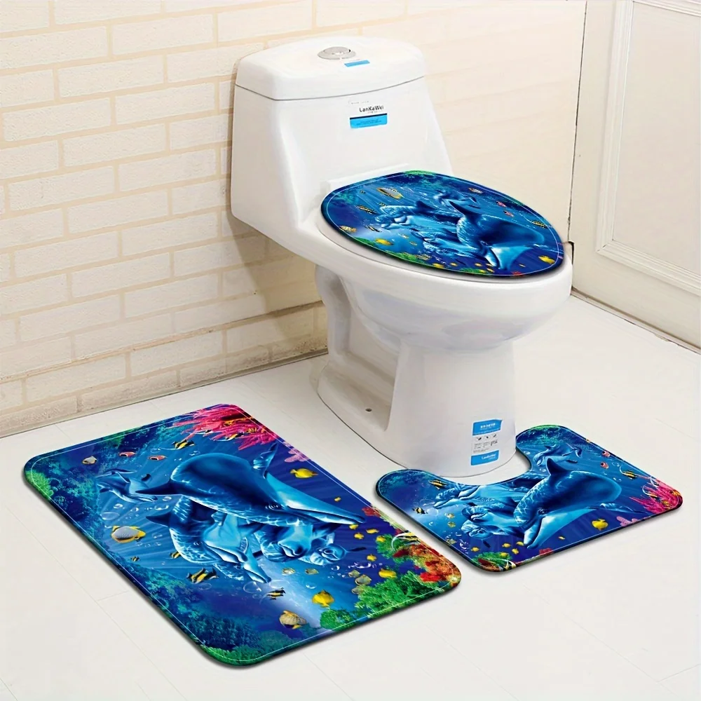 

Fantasy Blue Dolphin Bathroom Set - Soft & Non-slip Contour Mat, Toilet Cover, and Bathtub Mat for Cozy Home Decor