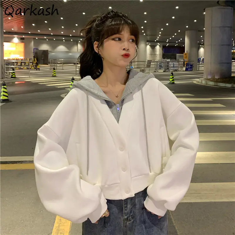 

Chic Hoodies Women Loose Patchwork Fashion Streetwear Draw String Autumn Winter Causal Single Breasted Students Design Female