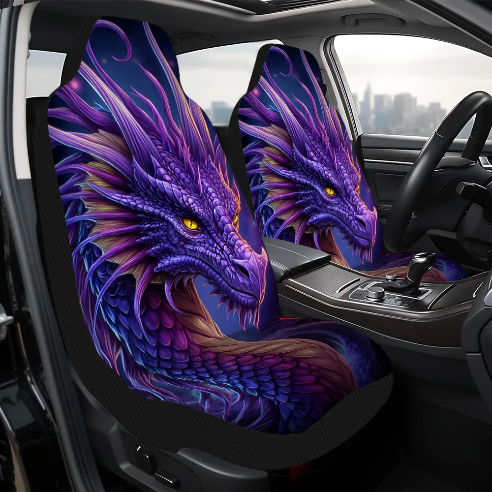 2pcs Fantasy Purple Dragon Night Scene Print Front Seat Covers | Durable, Easy To Clean, Universal Fit For Driver And Passenger