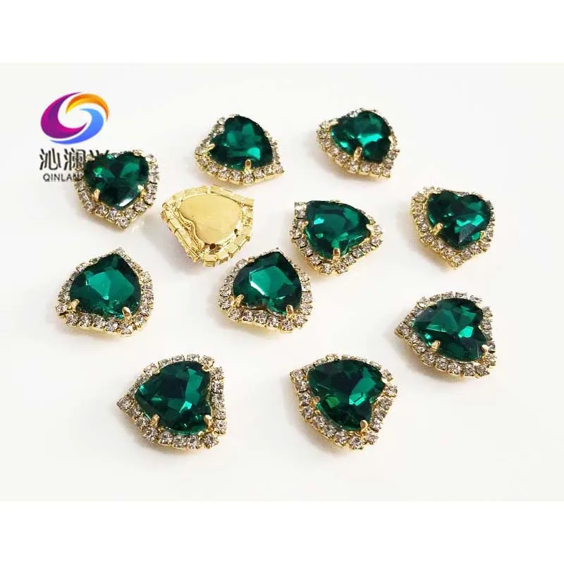 Heart Shape Malachite Green Crystal Glass Rhinestones, Gold Bottom Sew on Buckle, Used for Needlework, DIY/Sewing Accessories