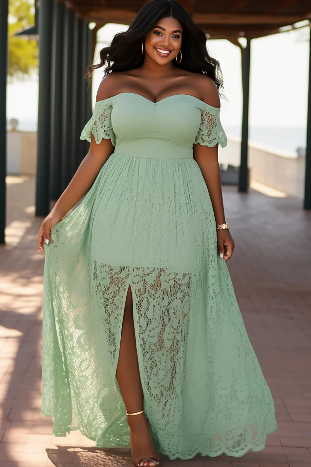 Plus Size Vacation Green Off The Shoulder Split Lace Maxi Dresses