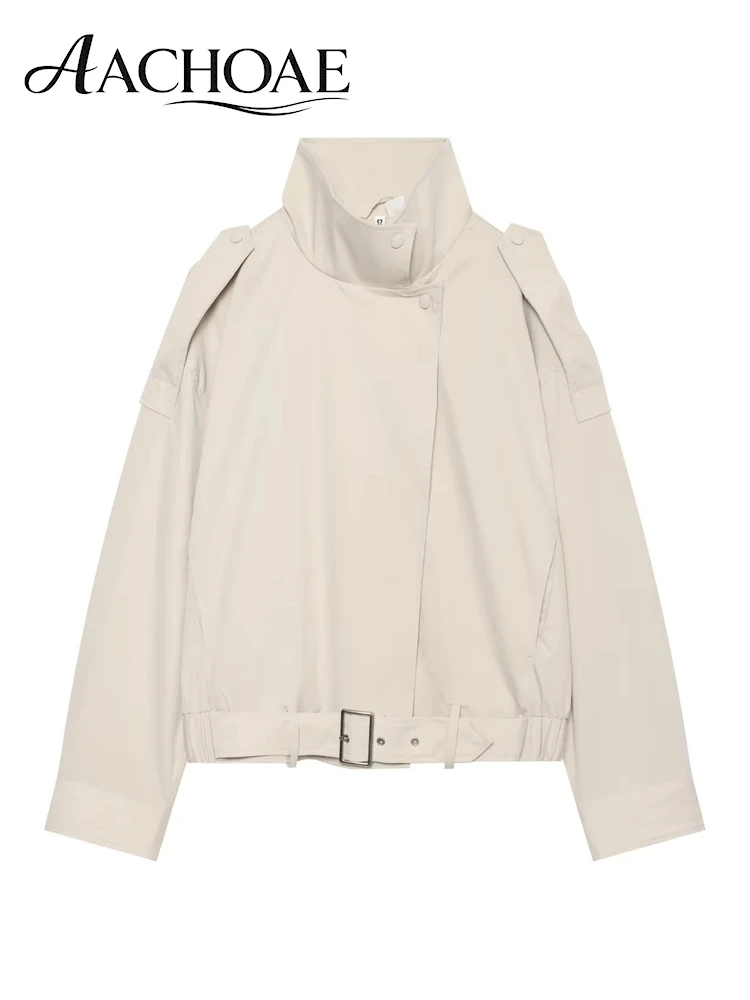 AACHOAE Women's High Collar Jacket Minimalist Belted Cropped Jacket Asymmetric Snap Button Casual Bomber Coat Outerwear