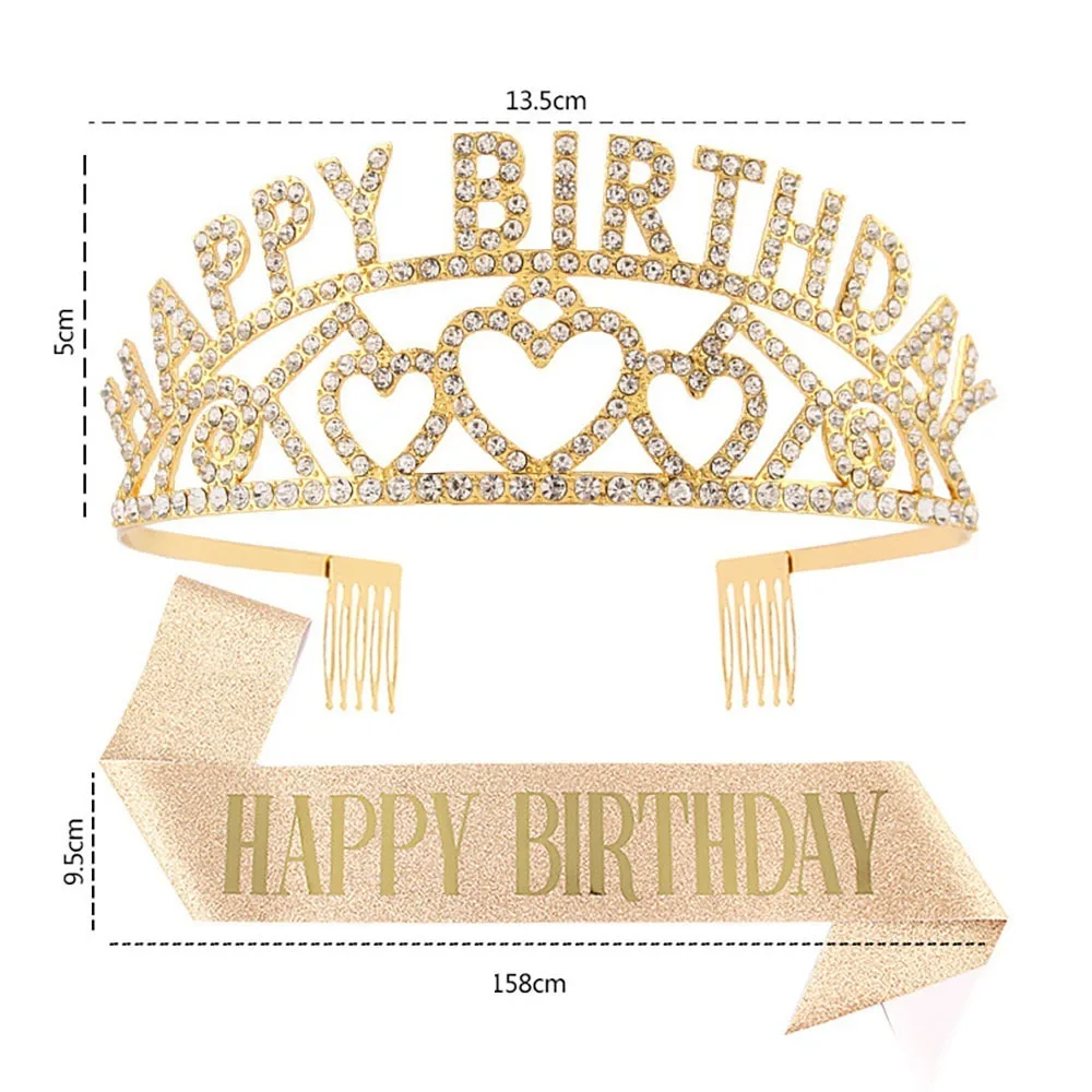 Alles Gute zum Geburtstag, Tiara und Schärpe, Roségold, glitzernde Satin-Schärpe und Stirnband für Mädchen und Frauen, alles Gute zum Geburtstag, Party-Dekorationen, Zubehör – Detail 2