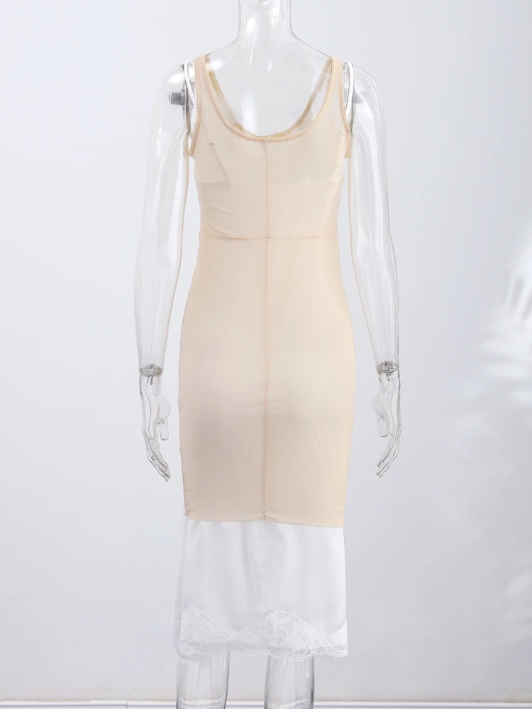 Transparentes Mesh-Overlay Spitzenbesatz Slip Langes Kleid Damen Sexy V-Ausschnitt Ärmellos Bodycon Kleider Charmante Figurbetonte Kleider für Dates und Partys – Detail 5