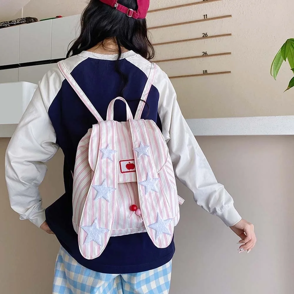

Sweet Korean Drawstring Backpack Large Capacity Scratch Prevention Rabbit Ear School Bag Polyester Canvas Striped Star Backpack