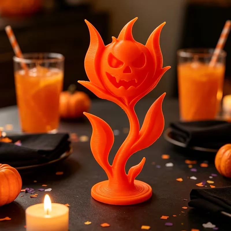 Halloween Pumpkin Flower Figurine 3D Printed Evil Jack O Lantern Flame Statue Spooky Tabletop Ornament for Home Room Decor