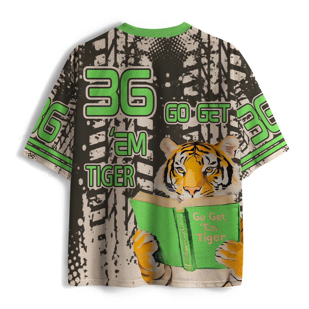 Go Get Em Tiger Reading Book Mesh Jersey T-Shirt, Black Green Tiger Portrait V Neck Short Sleeve Sports Tee