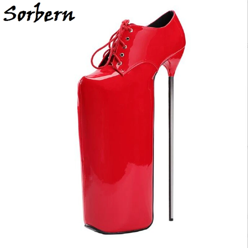 Sorbern 30cm Metal Heels Women Pumps Shoes With Platform Shiny Patent Fabric Lace Up Fashion Real Image Show Shoes