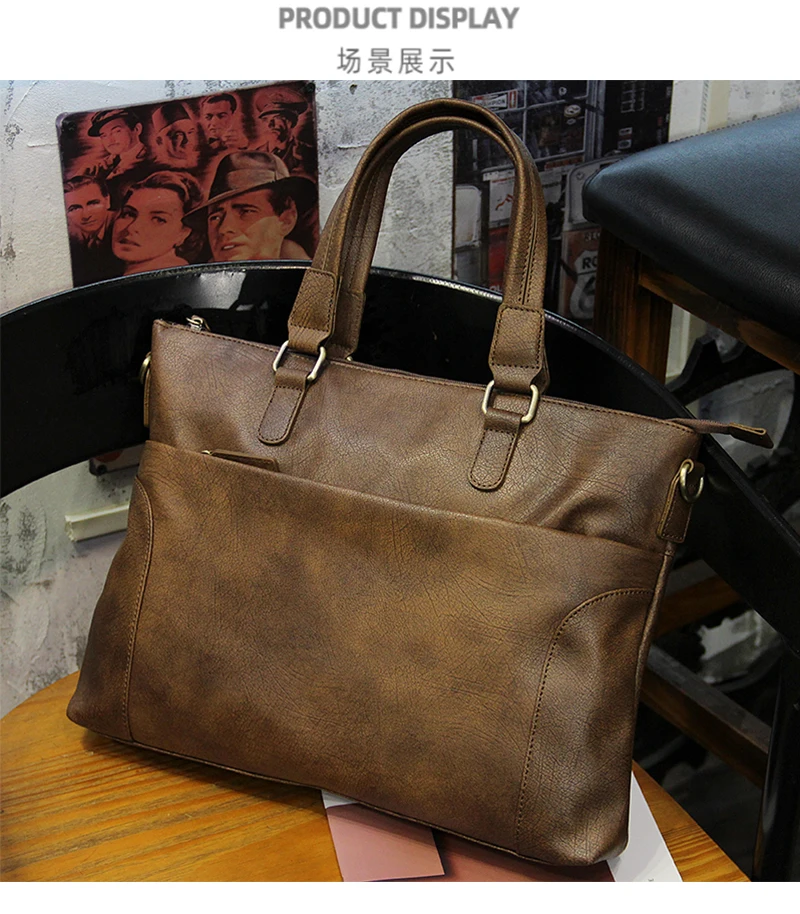 Tas Kerja Kasual Vintage Pria: Tas Selempang Horizontal, Tas Dokumen Laptop dengan Tali Bahu