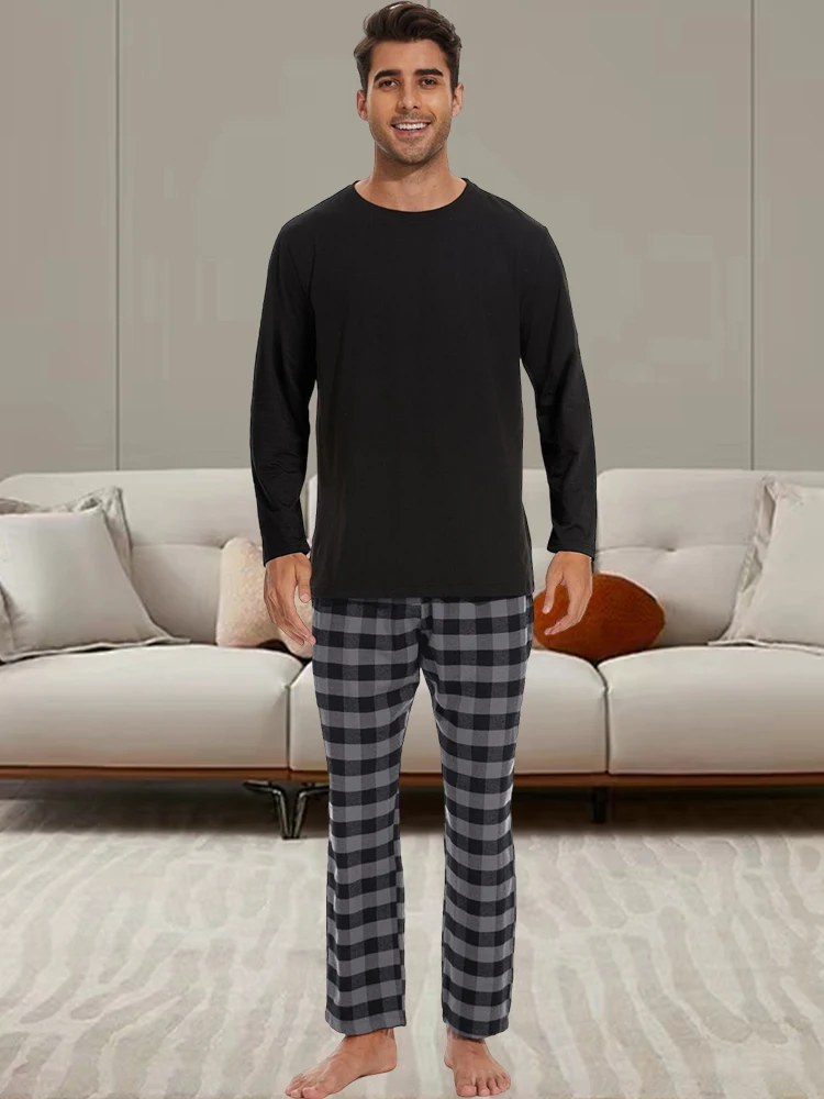 Men\'s Homewear Set Pajamas Long Sleeve Fashion Daily High Quality Solid Colour Pajamas Plaid Pajama Pants Set