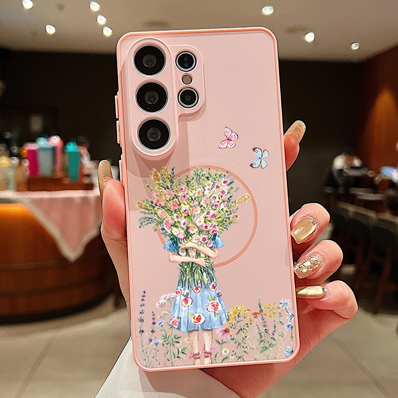 Girl Flower Pattern Magnetic Phone Case For Samsung Galaxy S25 S26 Ultra S24 S23 FE A17 A56 A37 A16 A35 A55 A15 A36 A54 Cover