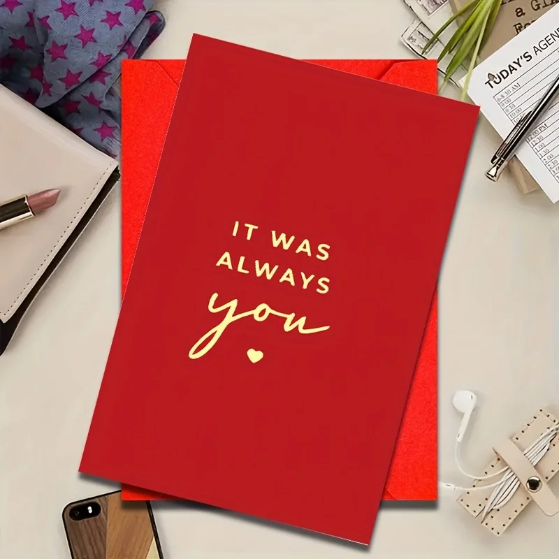 بطاقة تهنئة حمراء ذات طابع كرتوني |   "It Was Always You" حروف ذهبية |   مثالية لعيد الحب وأعياد الميلاد والذكرى السنوية