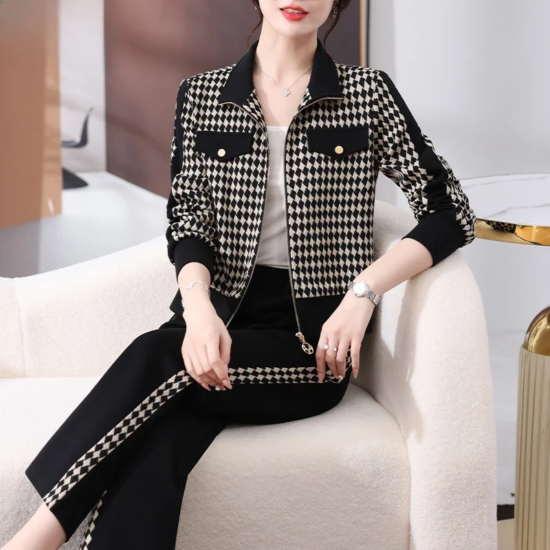 

Faionable Plaid Two-Piece Set for Middle-Aged Women Spring Autumn Casual Sle Zipper Closure Regular Sve Length Polyest...