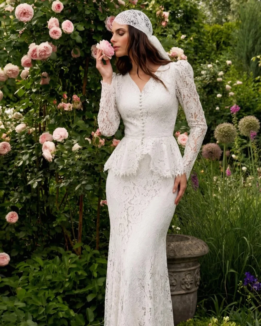 Customized Modern Style Women Lace Button Ruched Mermaid Evening Dresses Sexy Retro V-neck Long Sleeves Floor Lenght Party Gowns