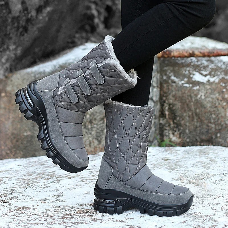 Dicke Winter-Schneestiefel mit Fleecefutter für Damen, runde Zehenpartie mit warmer Gummisohle, Winter