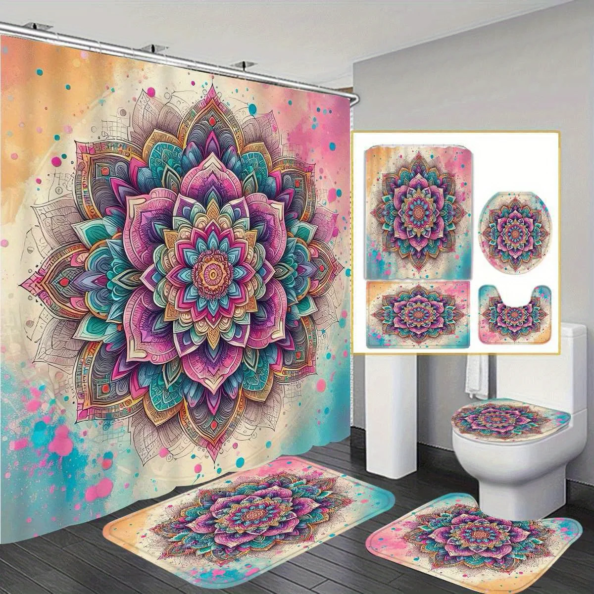 

Colorful Mandala Pattern 1/4pcs Spring Decorative Shower Curtain Set with 12 Hooks, Theme Shower Curtain, Toilet Seat Cover