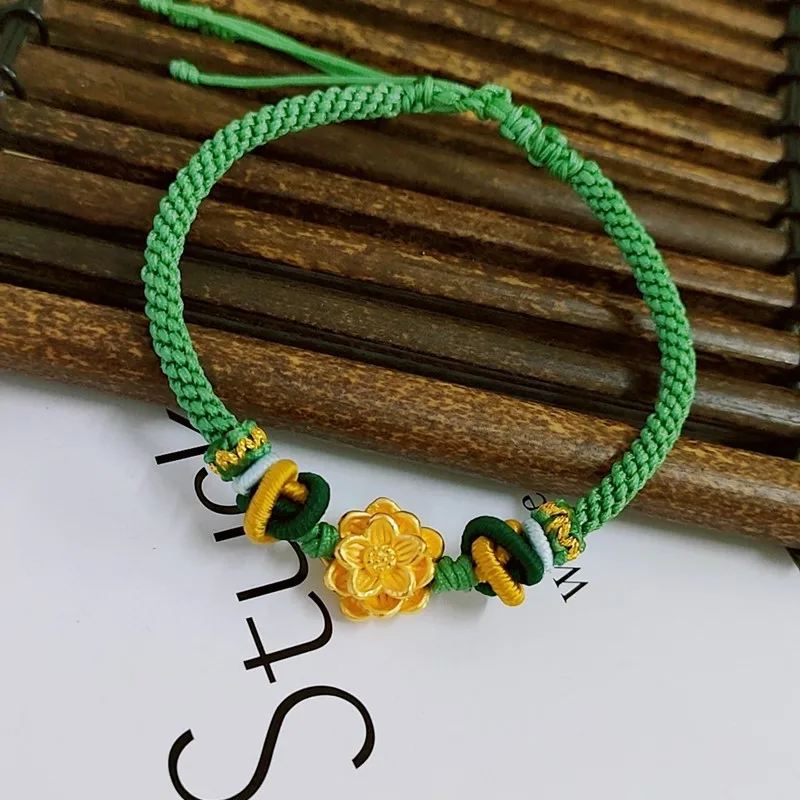 1pcs Pure 999 24K Yellow Gold Women 3D Lucky Lotus Bracelet Girl Fine Jewelry