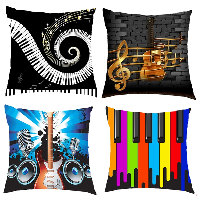 

Fashion Music Note Print Cushion Covers Guitar Piano Pillowcases Home Bedroom House Office Square Pillowcase Throw Pillow Cover