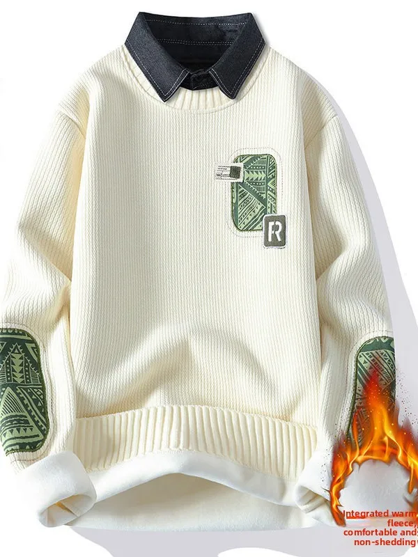 

Men's Faux Two-Piece Knitted Sweater Thiened Fce Collared Base Layer irt Warm And Comfortable Polyester Fiber Long Sve