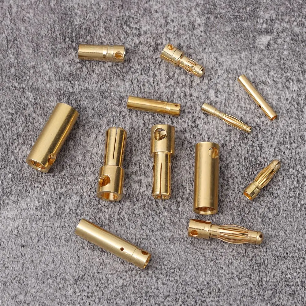 10 pares 2/3/3.5/4/5/5.5mm caixa de voz trompete banhado a ouro alta corrente bala banana plug macho fêmea plugues conector de bateria rc