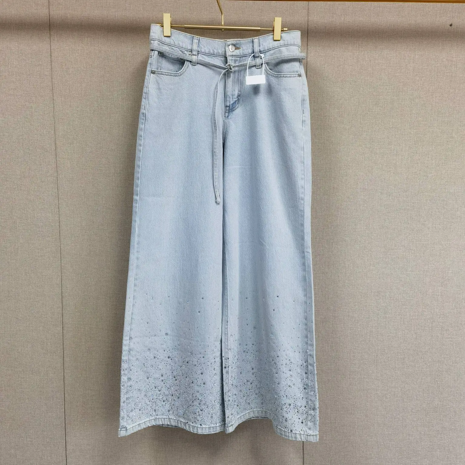

Spring Summer New Style Women's High Waist Wide Leg Jeans Diamond Embellished Washed Denim Pants Korean Style Polyester Fiber