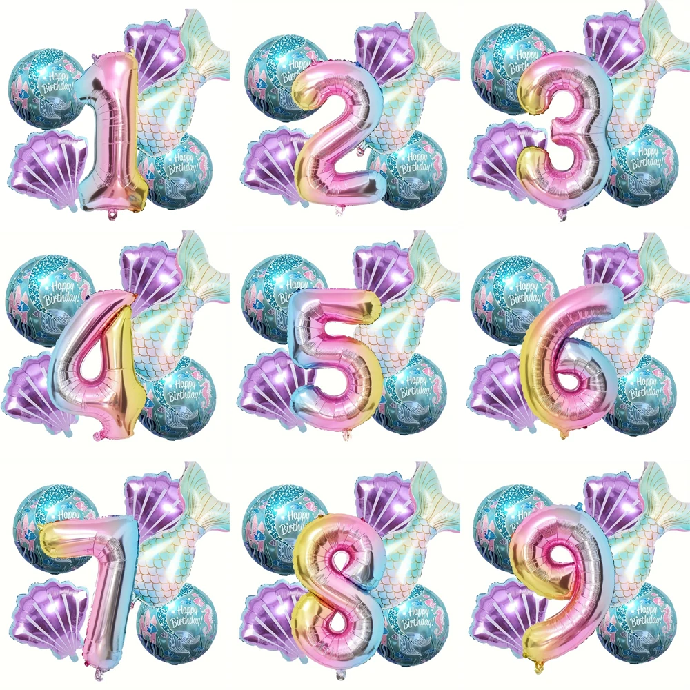 Mermaid Tail Balloons 1 2 3 4 5 6 7 8 9 Gradient Color Number Foil Balloon Kids Birthday Party Decorations Mermaid Party Globos