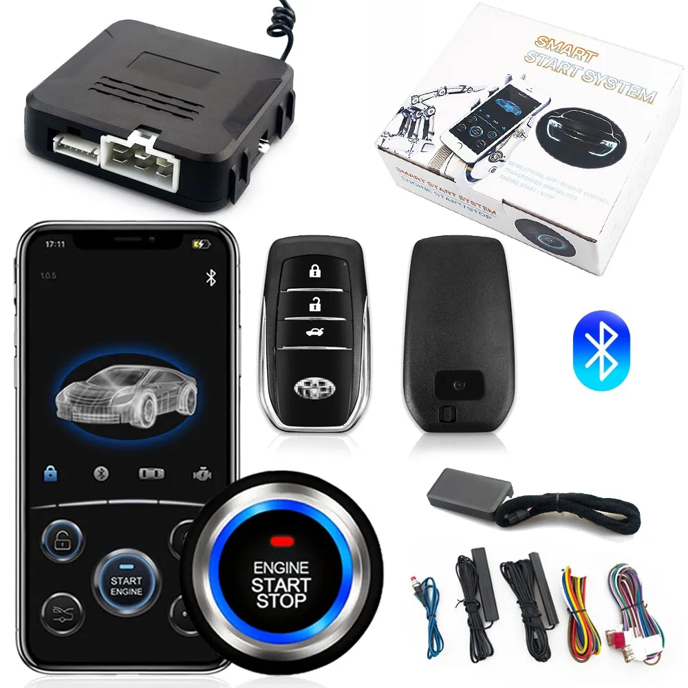 Smart BT Phone APP Control PKE Keyless Entry Engine Start Alarm System Push Button Remote Starter Stop Auto Anti-theft System