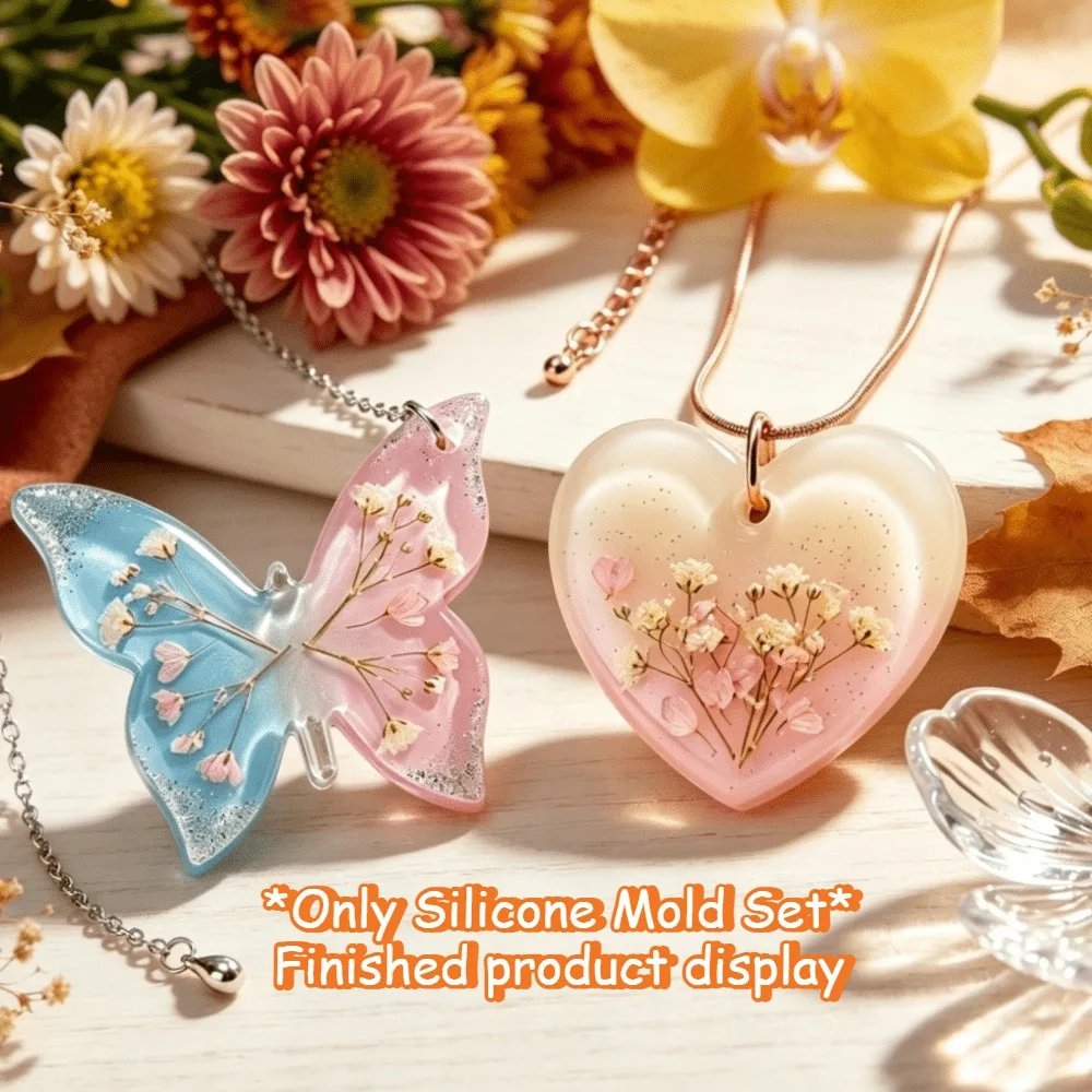 2Pcs Butterfly Heart Pendant Silicone Mold with Hole, DIY Handmade Jewelry Epoxy Resin Mould for Festival Gift Craft