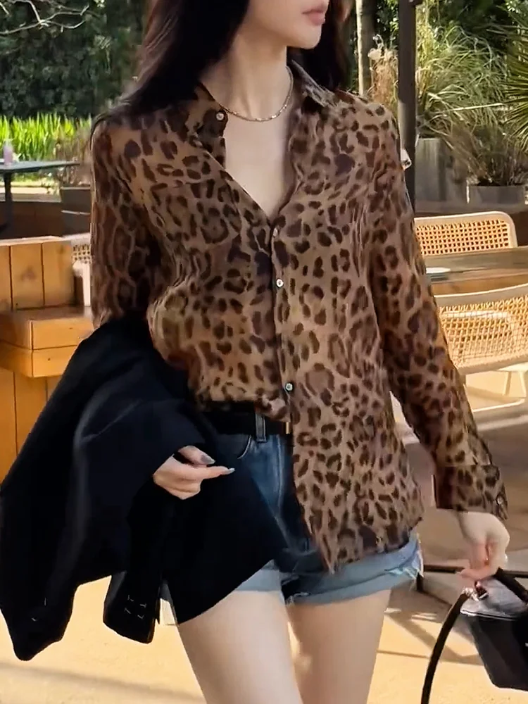 

Ele Retro Leopard Print irt Commute Versatile Slimming Top Large Size Autumn New Arrival Snow Dreng Korean Sle