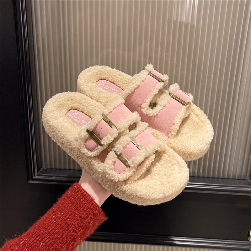 42 Big Size Fur Cork Slippers Women Double Buckle Band Long Plush Winter Slides Furry Outdoor Footwear Flip Flops Women