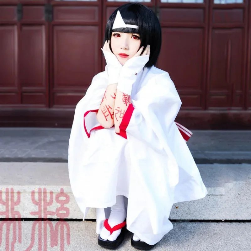 DY2025 애니메이션 노라가미 가난의 신 노라 화이트 기모노 + 벨트 + 헤드웨어 + 리본 + 핸드밴드 유카타 코스프레 의상 블랙 밥 숏