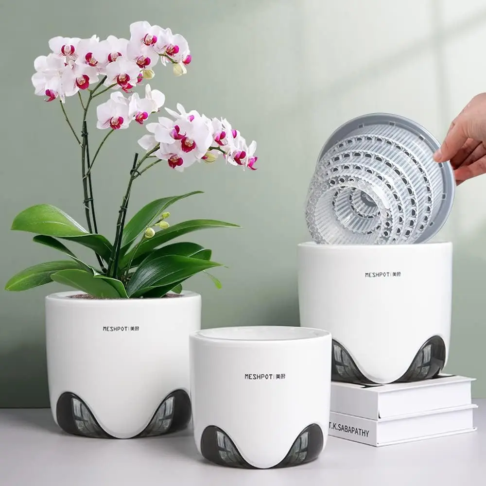 Vase Orchid,Orchid Pots with Holes for Repotting,Double Layer Plastic Imitate Ceramic Orchid Planter Provide Good Air Circul