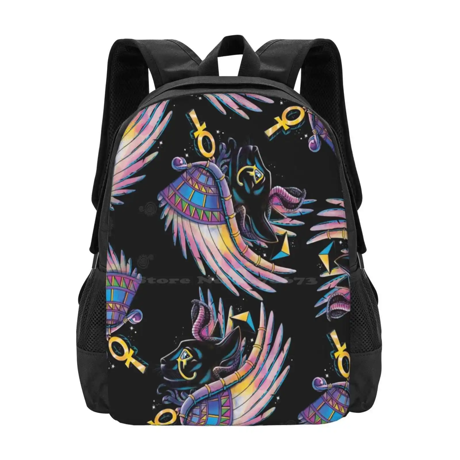 Pharaoh Cat Hot Sale Backpack Fashion Bags Kitten Black Cat Egyptian Ancient Pyramid Ankh Wings Color Rainbow Snake Serpent