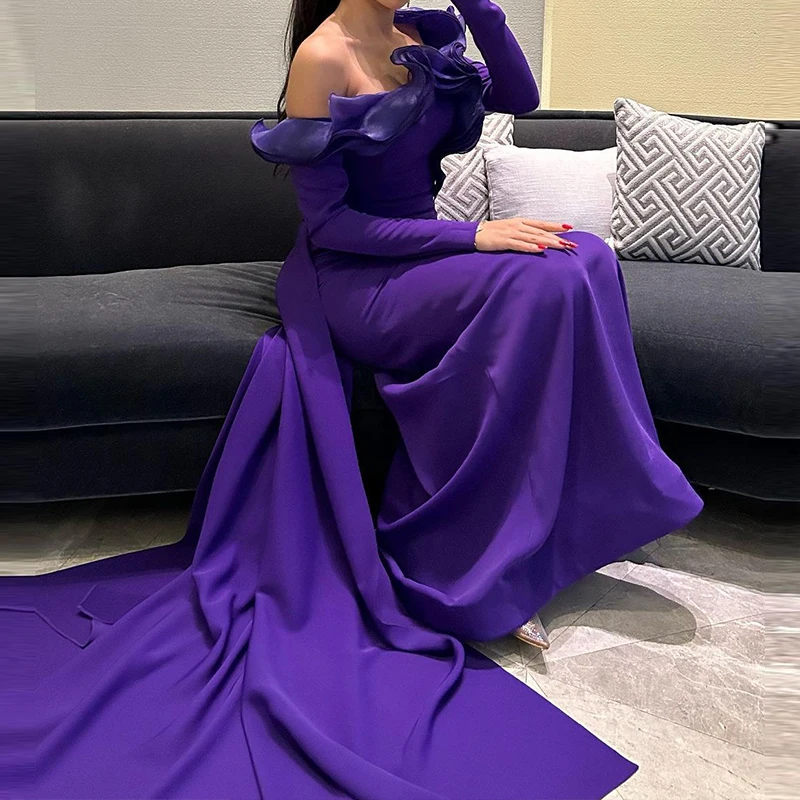 Sexy Hollow Out Long Sleeved Party Dress Fashion Temperament Slim Robe Dresses Purple Ruffle Off Shoulder Women's Evening Dress