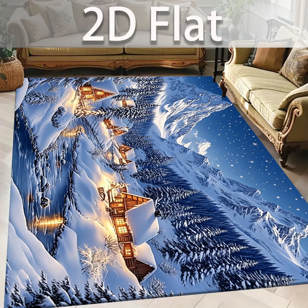 Winter Snow Mountain Area Rug 2D Flat Cozy Cabin Printed Carpet Soft Polyester Living Room Bedroom Home Ground Decorative Mat