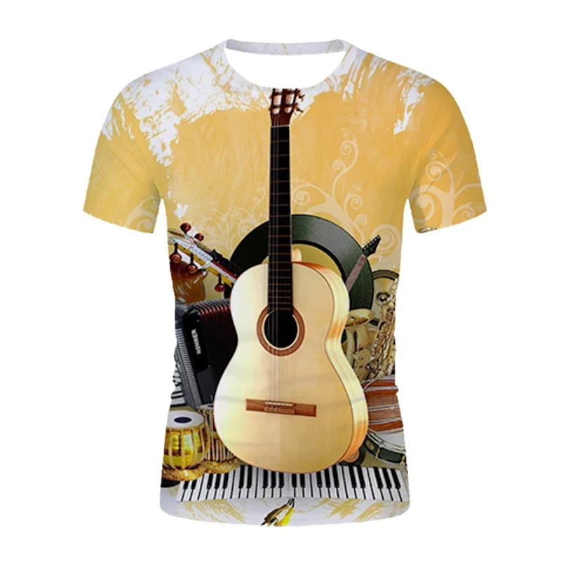 Men's and Women's Children's Music Symbol Guitar 3D Pattern Printed T-shirt Breathable Thin Crew Neck
