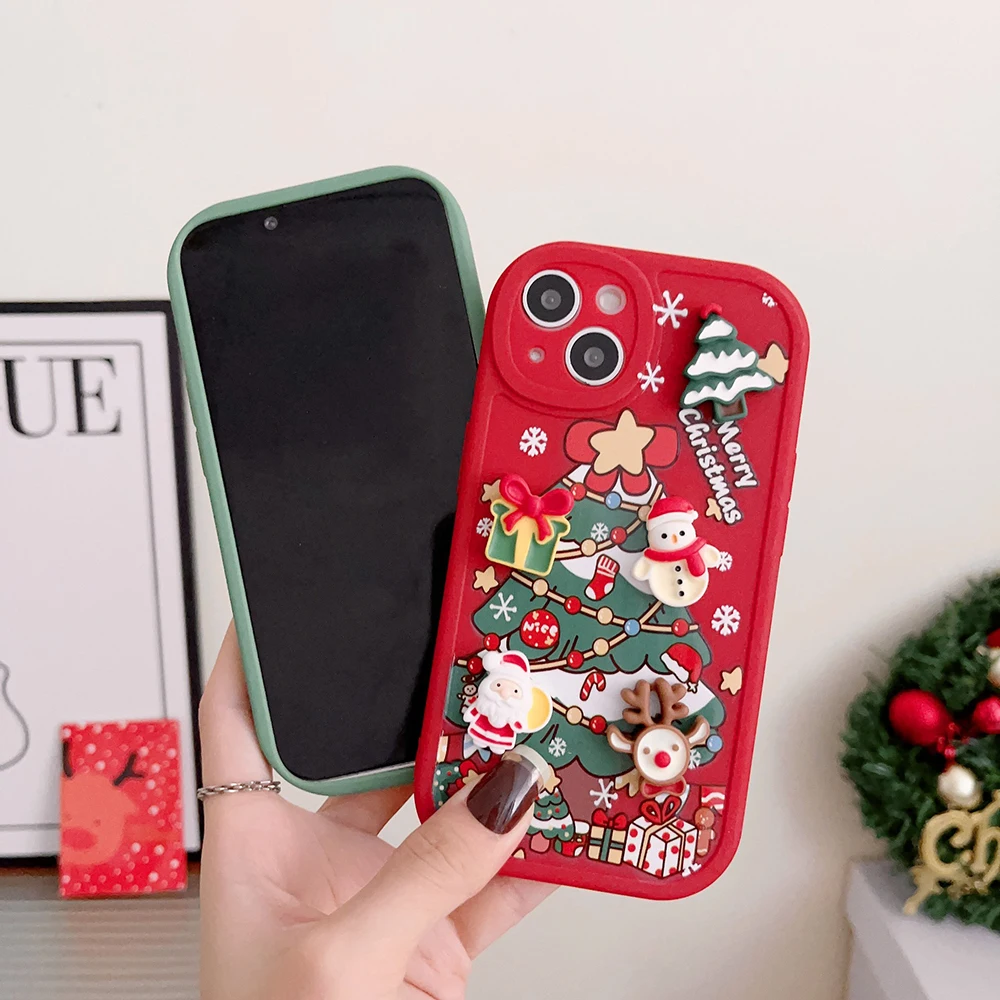 3D Merry Christmas Santa Tree Cute Phone Case for iphone 14 Plus 13 Pro Max 12 11 X XS XR Soft Cartoon Cover New Years Gift