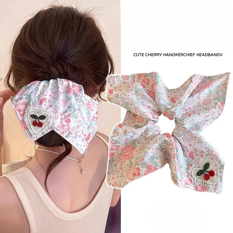 

Pink Floral Cherry Scrunchies Sweet Temperament Square Ponytail Holder Korean Style Fashion Versatile Hair Styling Accessories