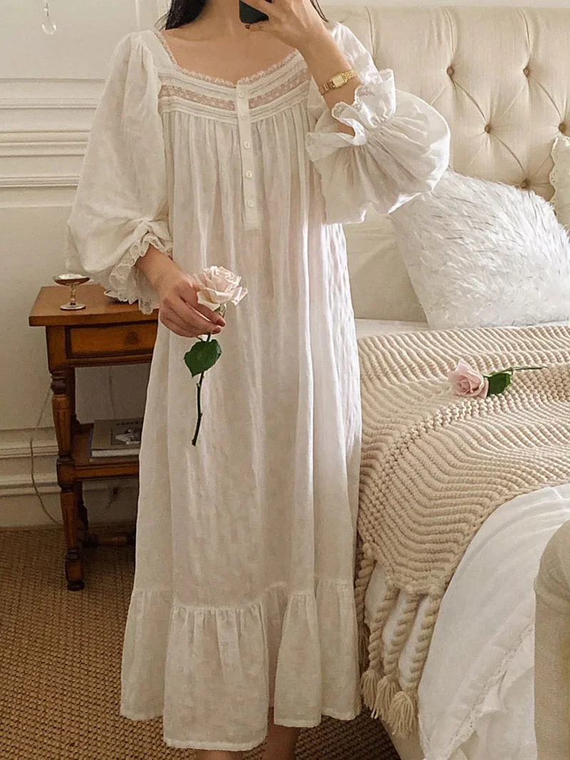 Women Pure Cotton Ruffles Vintage Nightgowns Robe Lace Fairy Long Sleeve Victorian Princess Sleepwear Sweet Night Dress Homewear