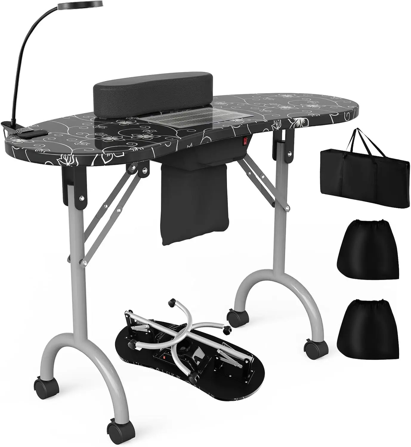 Folding Portable Nail Manicure Station Desk LED Lamp Electric Dust Collector Wrist Rest Lockable Wheels Nail Techs Carry Bag