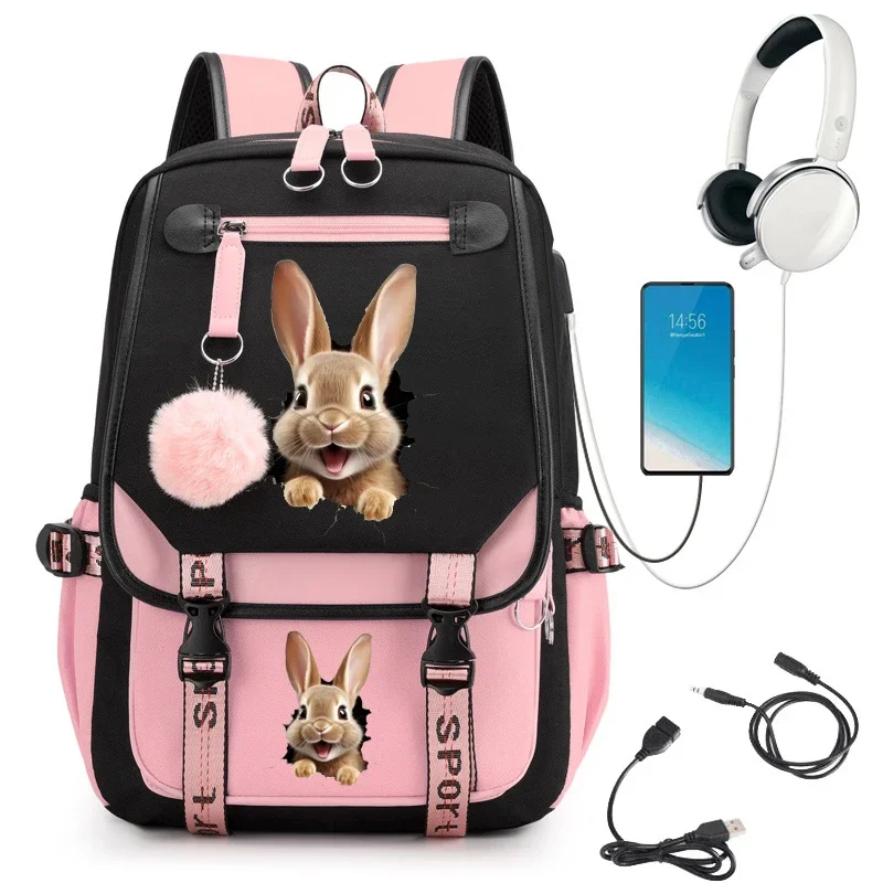 Bunny Print School Rugzak Cartoon Schooltas Voor Student Tieners Usb Boekentas Laptop Mochila Tiener Rugzak Kawaii Bagpack