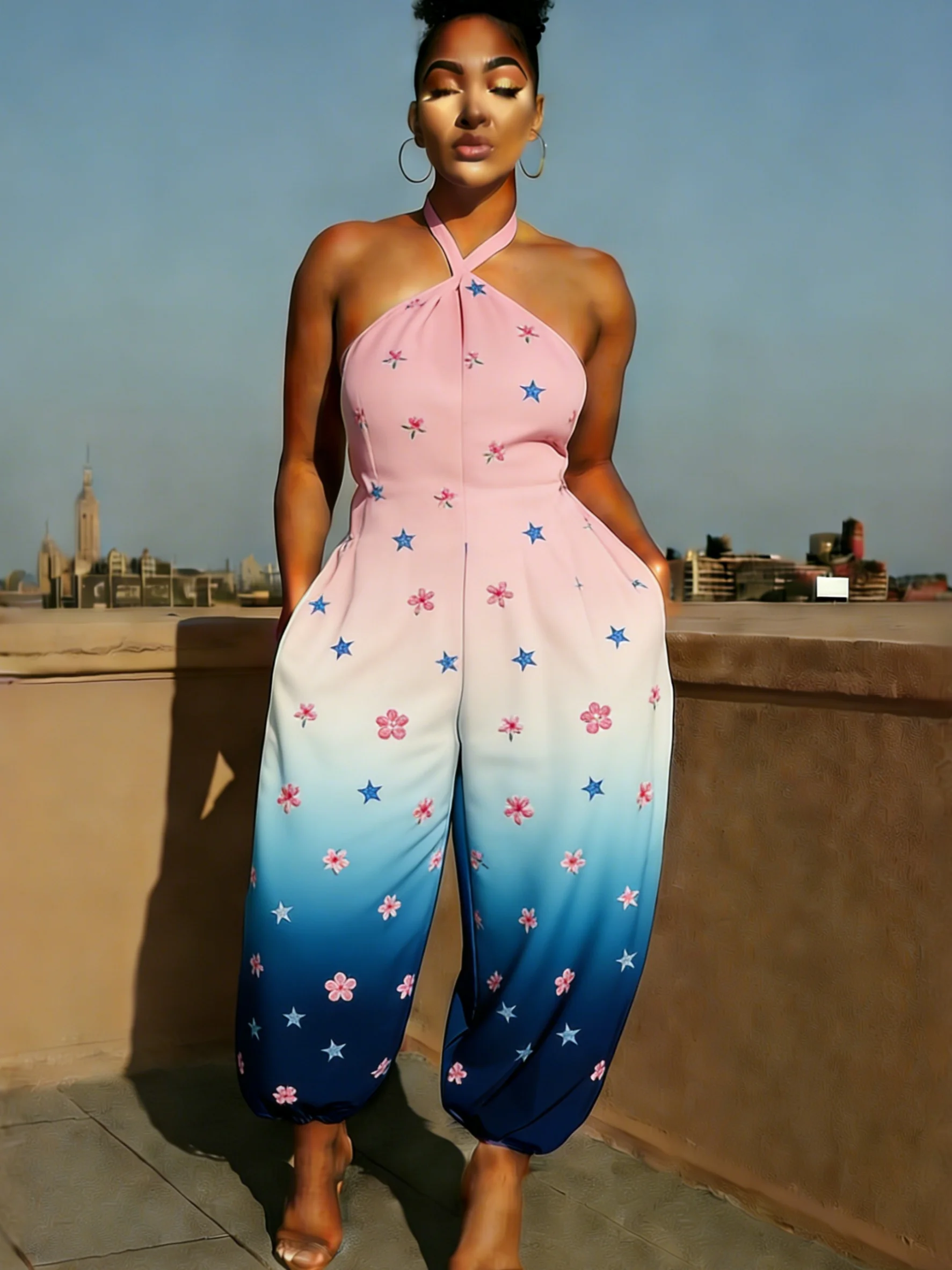 

Romantic Pink Blue Gradient Floral Star Print Halter Jumpsuit Women Sleeveless Loose Casual Holiday Sweet Outfit