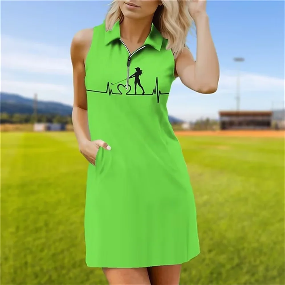 New Women\'s Summer Tennis Dress Golf Dress Breathable Quick Dry Moisture Wicking Sleeveless Dress Tennis Outfit Zipper Printed