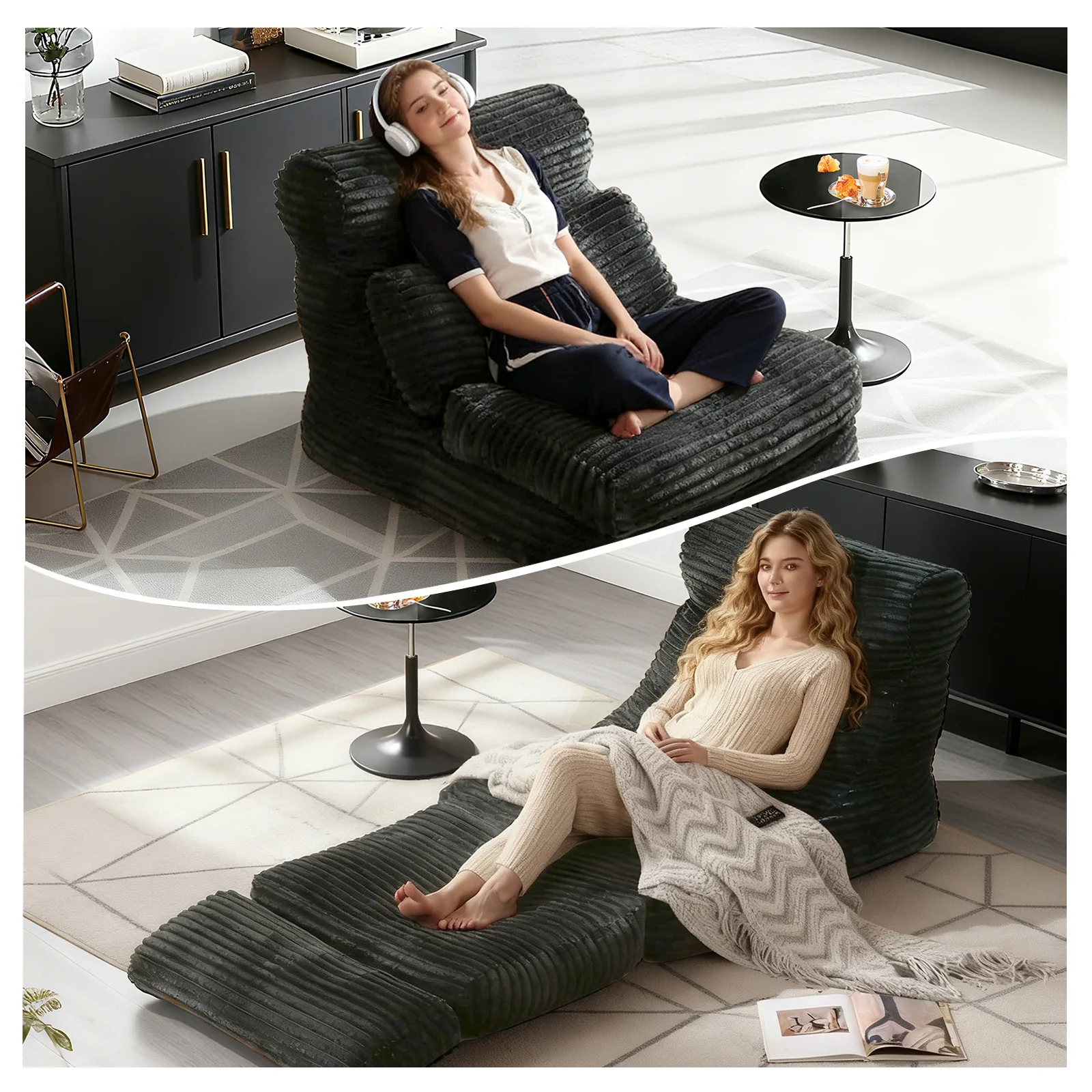 Corduroy Foldable Bean Bag Chair, High-Density Sponge, Washable Cover, Vacuum Compressed, No Assembly for Bedroom Office