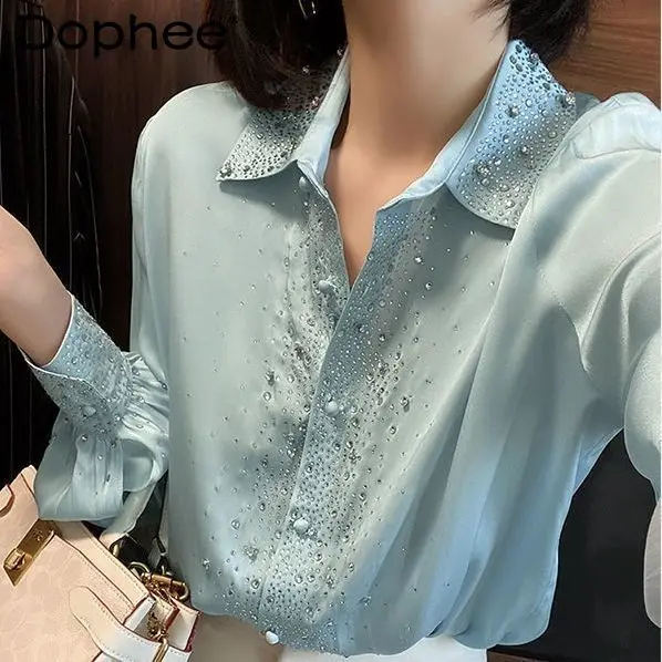 

Fashionable Beaded Rhinestone Shirt Female 2024 Spring New Commuter Versatile Single Breasted Long Sleeve Shirt Women Tops