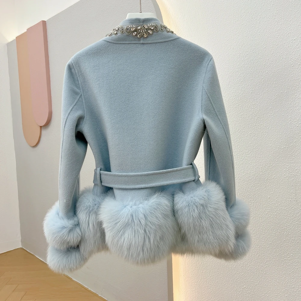 2023 New ladies Real Natural Fox Fur Coat Winter Women handmade crystal beaded new women\'s winter jackets